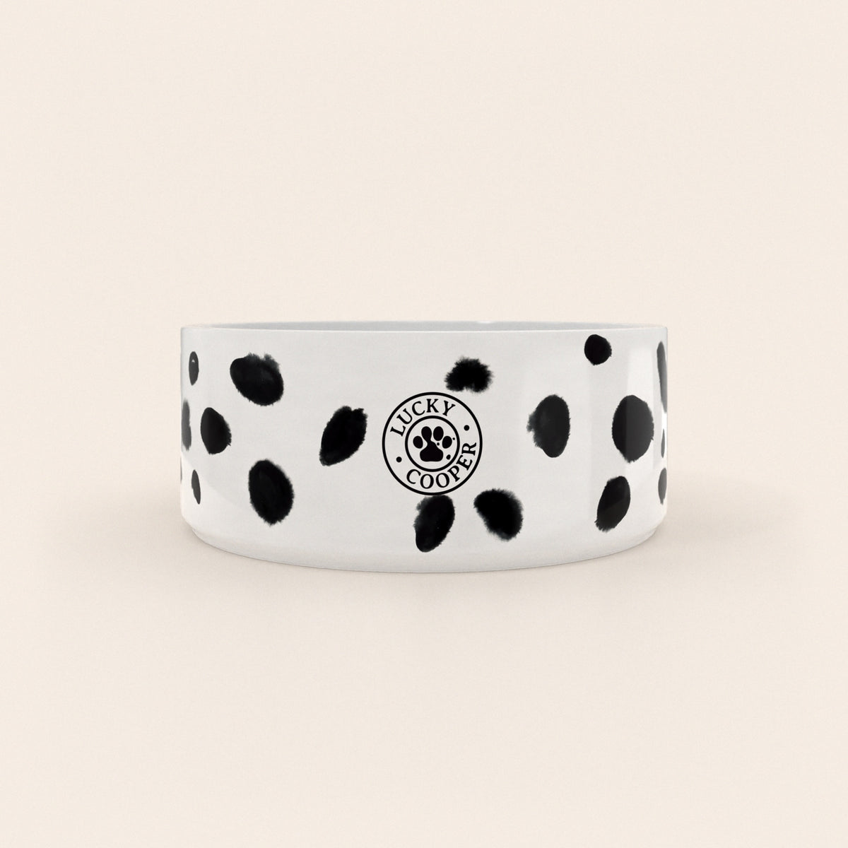 Dos d'une gamelle pour chien au motif Dalmatien avec le logo Lucky Cooper
