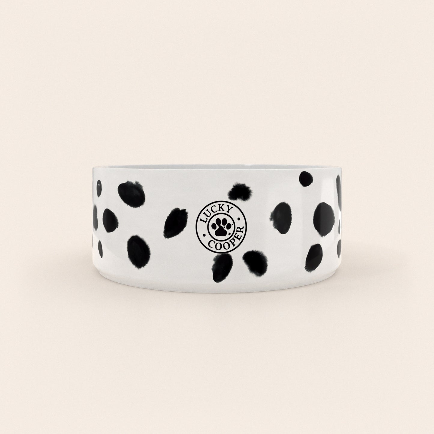 Dos d'une gamelle pour chien au motif Dalmatien avec le logo Lucky Cooper