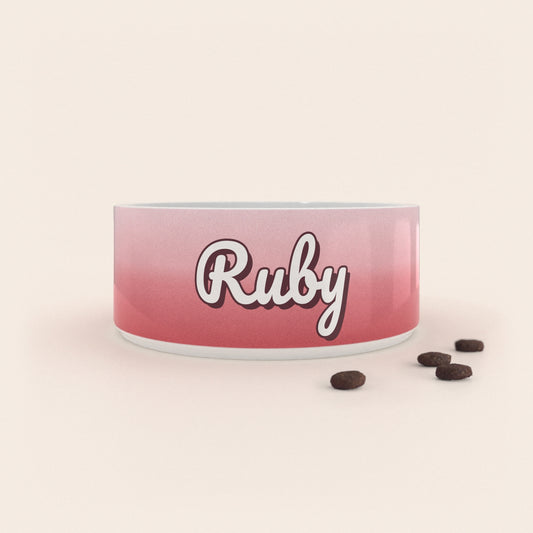 Gamelle pour chien au motif Duo Rose personnalisés avec le nom Ruby, accompagné de croquettes sur fond neutre.
