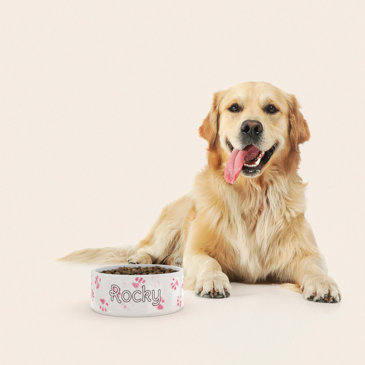 Un golden retriever assis à côté d'un bol pour chien au motif Pattes Roses personnalisé avec le nom ROCKY
