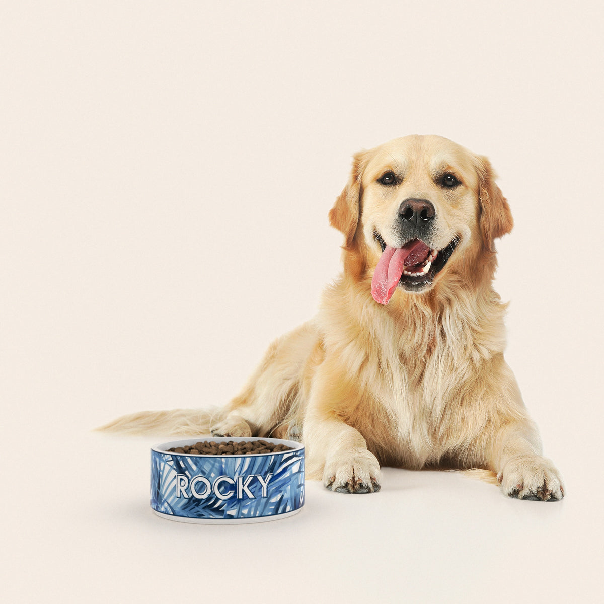 Un golden retriever assis à côté d'un bol pour chien au motif Palmes Bleutée personnalisé avec le nom ROCKY