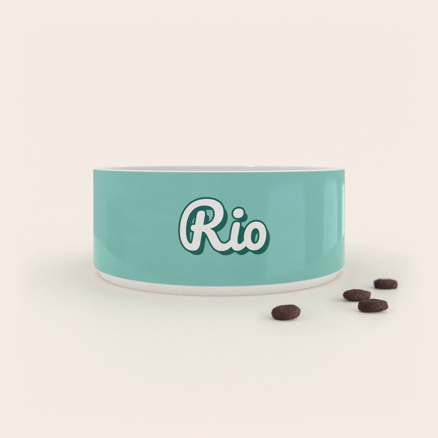 Gamelle pour chien au motif Vert Pastel personnalisés avec le nom Rio, accompagné de croquettes sur fond neutre.