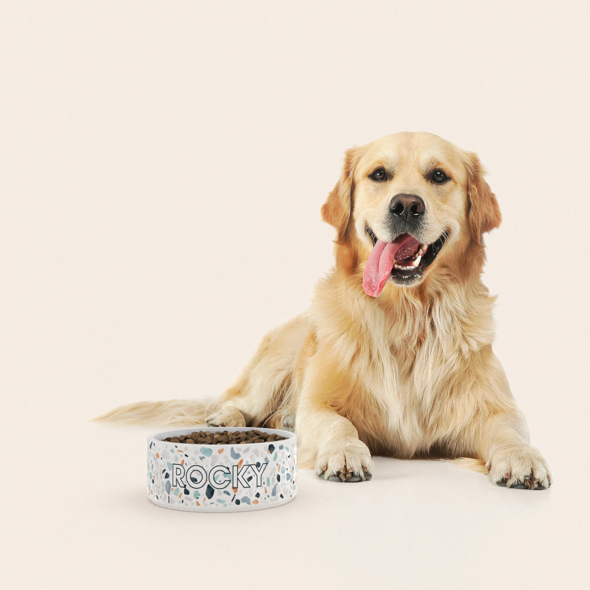 Un golden retriever assis à côté d'un bol pour chien au motif Terrazzo personnalisé avec le nom ROCKY